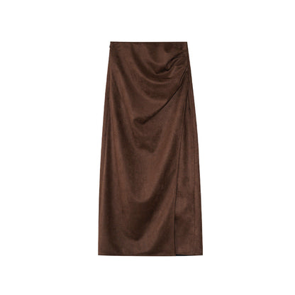 Hip-wrapped skirt for women, thin, pinch pleated front split-ended long one-step skirt