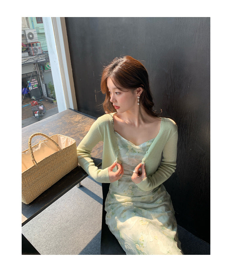Thin knitted sweater commuter versatile single-breasted v-neck sunscreen shirt