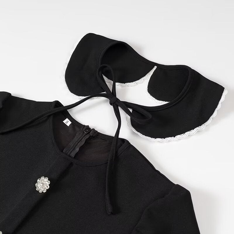Wind Women's Fashion Solid Color Removable Doll Collar Short Sleeve Slim Fit Casual Dress