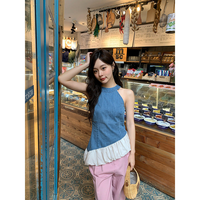 Denim Vest Asymmetrical Neck Sleeveless Top