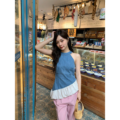 Denim Vest Asymmetrical Neck Sleeveless Top