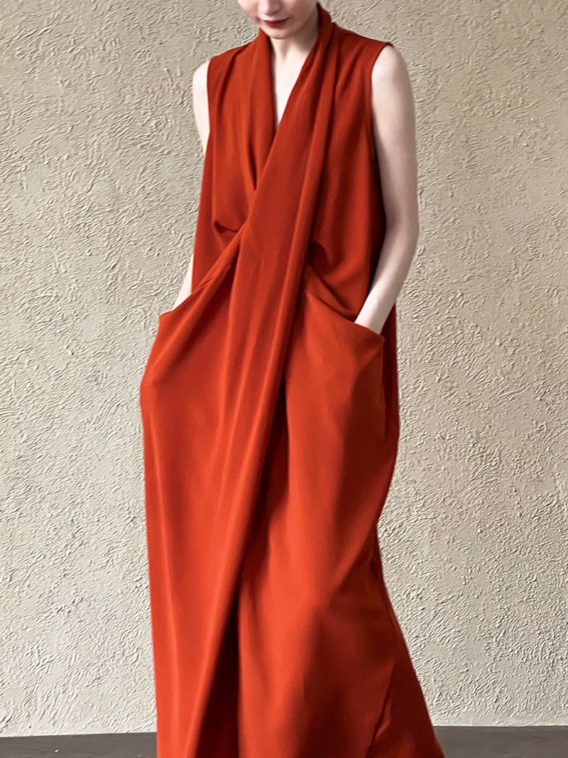 Temperament V-neck sleeveless kink waist dress women's thin irregular high-end long skirt