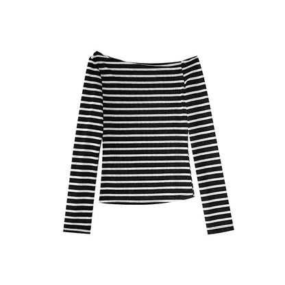 Long Sleeve Slash Shoulder Neck Striped T-Shirt Top