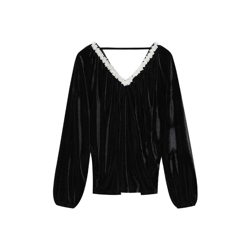 Loose long-sleeved design halter v-neck velvet sweater for women