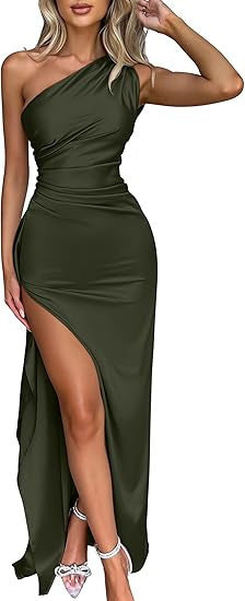 Year, single shoulder pucker split ends sexy satin dress summer temperament slim fit