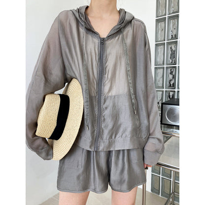 Hooded tencel sun protection set - women's lightweight summer outdoor sports & casual two-piece outfit (hoodie & shorts)