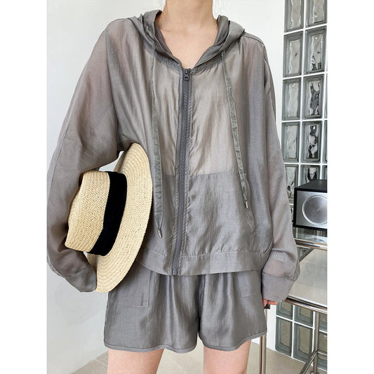 Hooded tencel sun protection set - women's lightweight summer outdoor sports & casual two-piece outfit (hoodie & shorts)