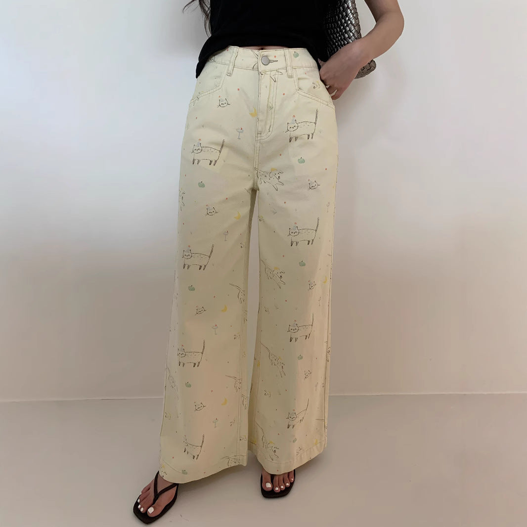 Loose Cartoon Print High Waist Straight Jeans