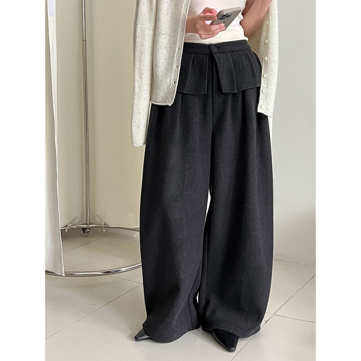 Korean style thickened wool blend wide-leg pants with patchwork detail - women's winter design, warm and casual trousers