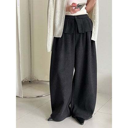 Korean style thickened wool blend wide-leg pants with patchwork detail - women's winter design, warm and casual trousers