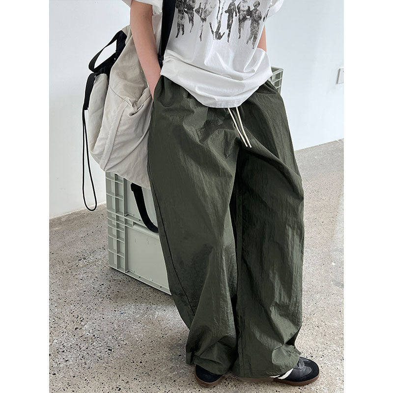 American street style glossy pleated casual pants women's summer new high-waisted sickle overalls