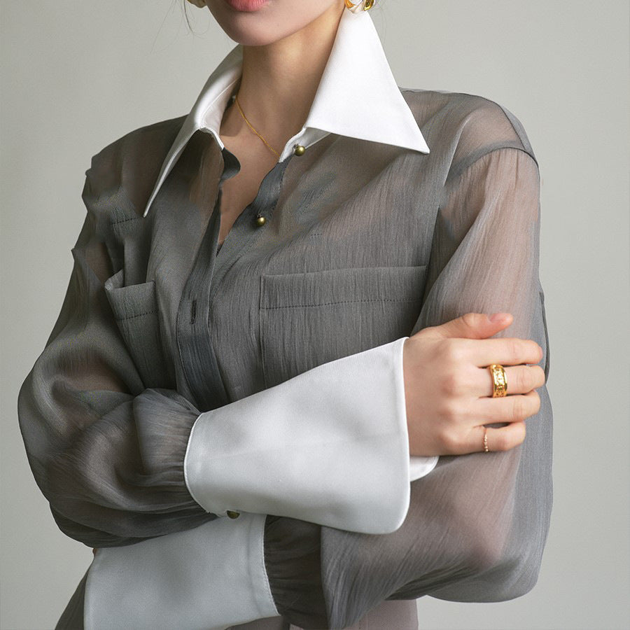 Spring and summer new sunscreen top temperament fragrant French fashionable shirt gray retro loose shirt women