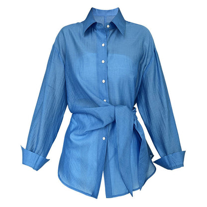 French hem strap-up Tencel acetate sunscreen shirt women's summer new light and thin long-sleeved shawl