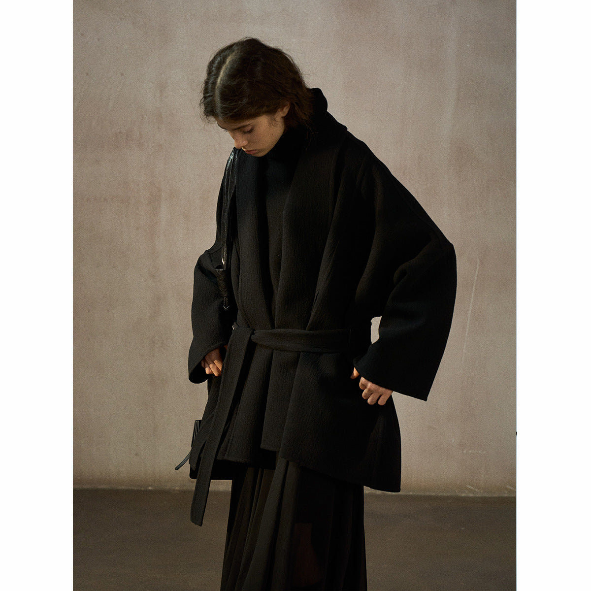 Wool thermal bat silhouette simple commuter bathrobe collar strap double-sided jacket