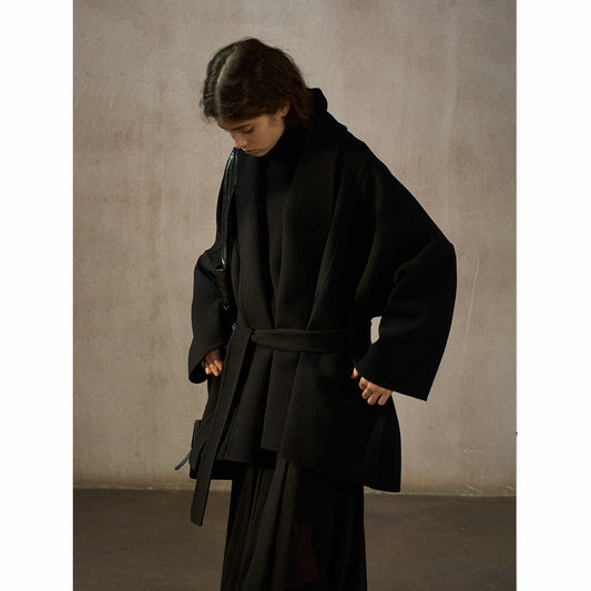 Wool thermal bat silhouette simple commuter bathrobe collar strap double-sided jacket