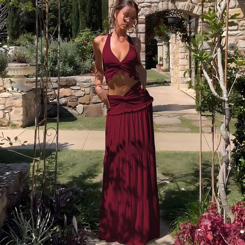 Pleated Cami Top & Ruffle Maxi Skirt Set