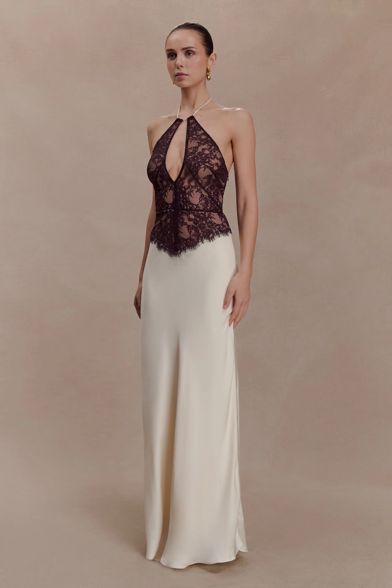New sexy satin lace neck dress splicing hollow waist European and American suspender dress women