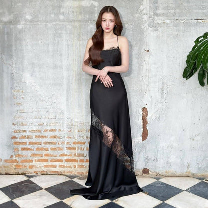 Satin lace suspender long dress dress