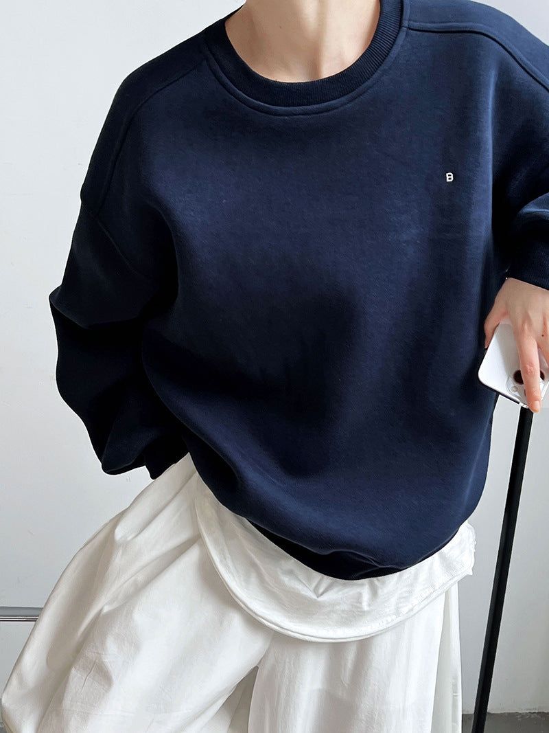 Simple silhouette loose BF solid color lazy pullover sweatshirt women's ins monogram embroidered long sleeve top