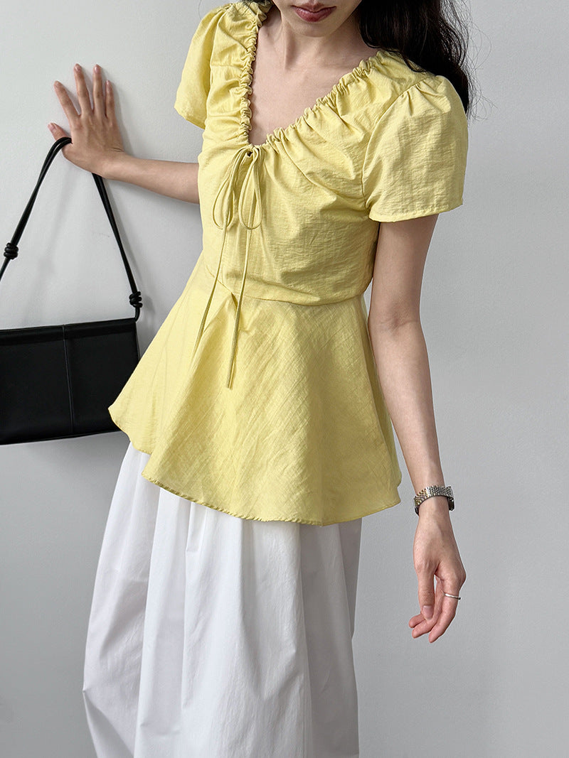 French retro V-neck pleated lace-up shirt short-sleeved women's summer new waist T-shirt top shirt