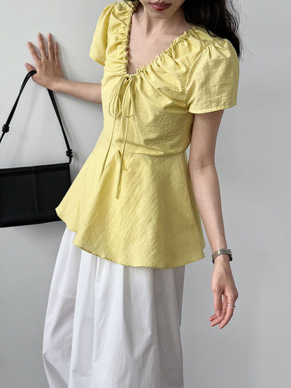 French retro V-neck pleated lace-up shirt short-sleeved women's summer new waist T-shirt top shirt