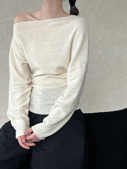 Design sense waist slim slanted shoulder knitted sweater women's autumn new long-sleeved off-the-shoulder top bottoming shirt ss780
