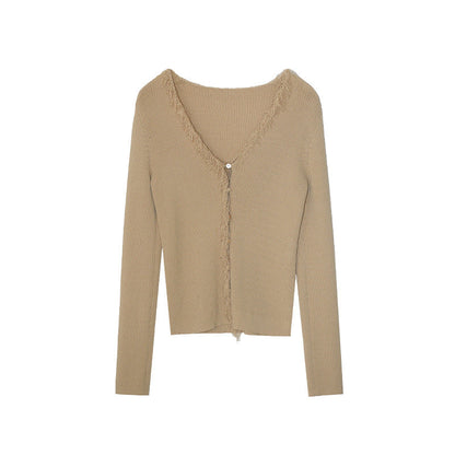 Early spring pure desire sweet hottie temperament long-sleeved fringed v-neck knitted sweater