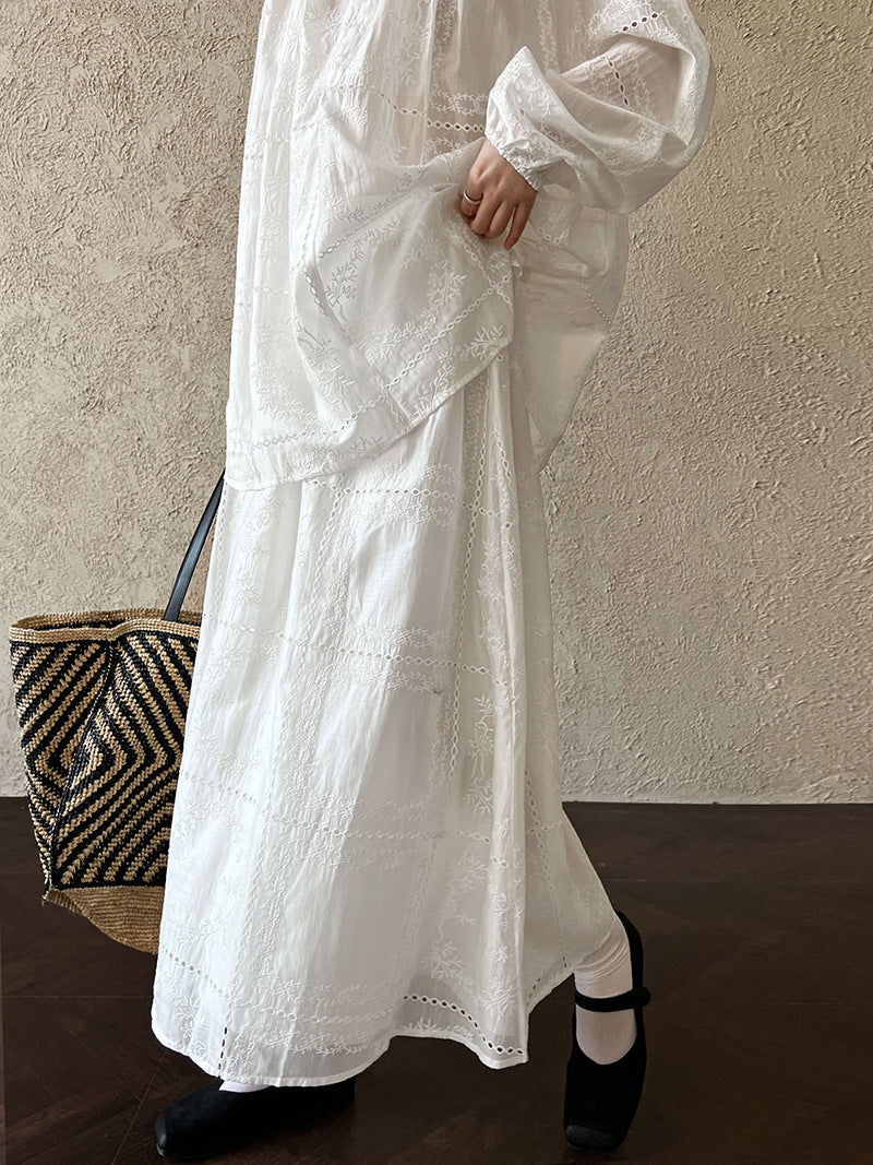 Premium temperament hollow lace embroidered top + skirt