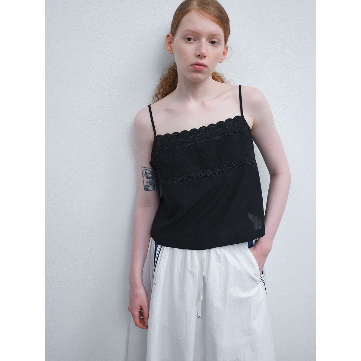 Summer new casual one-word collar linen cotton thin transparent embroidered solid color suspender top