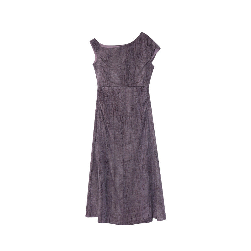 Slant collar temperament cotton and linen drape off-the-shoulder dress