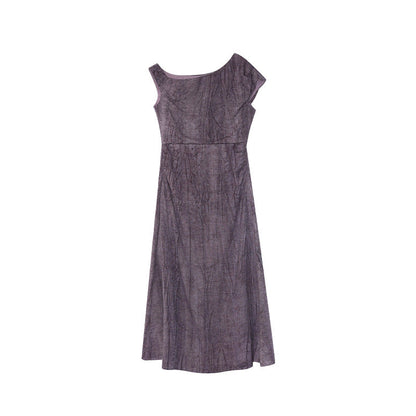 Slant collar temperament cotton and linen drape off-the-shoulder dress