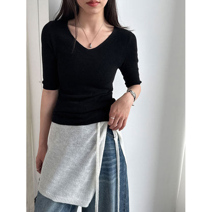 Soft and glutinous skin-friendly wool gentle style V-neck knitted sweater women's spring slim three-quarter sleeve T-shirt
