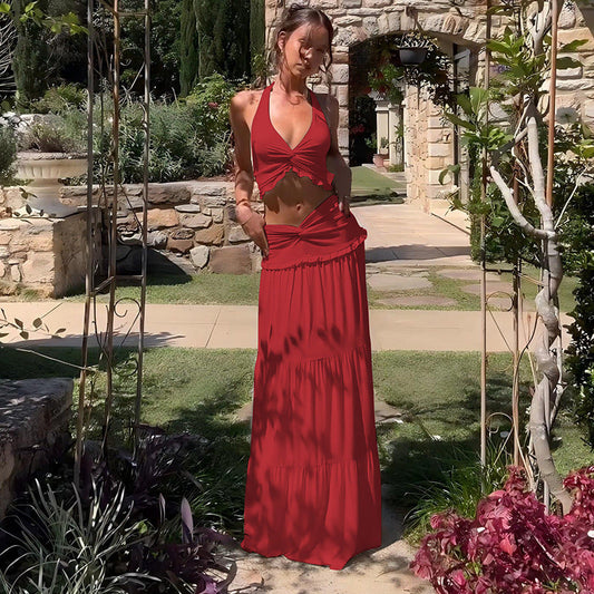 Pleated Cami Top & Ruffle Maxi Skirt Set