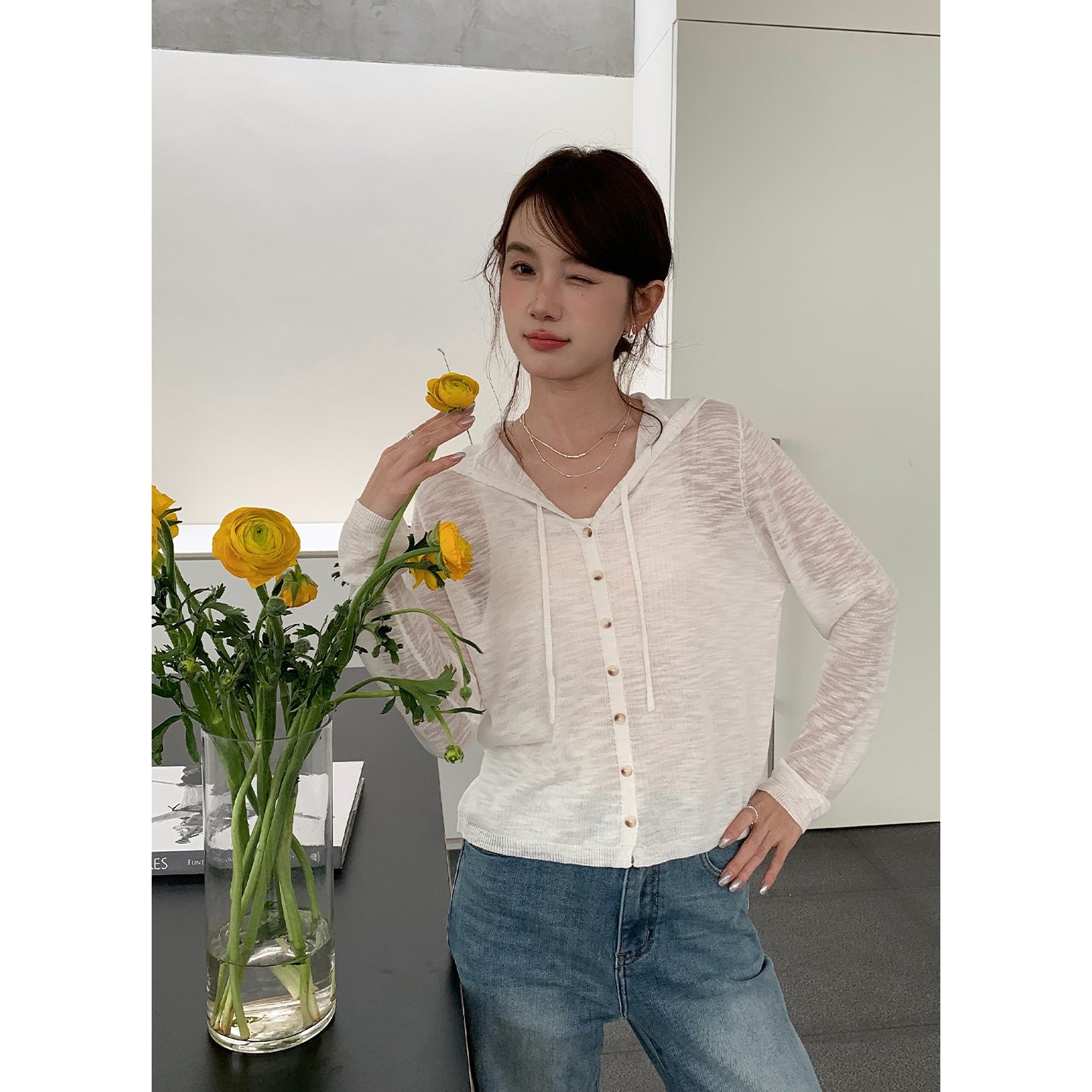 Long Sleeve Hooded Fake Two-Piece Knitted Pullover Sweater Korean