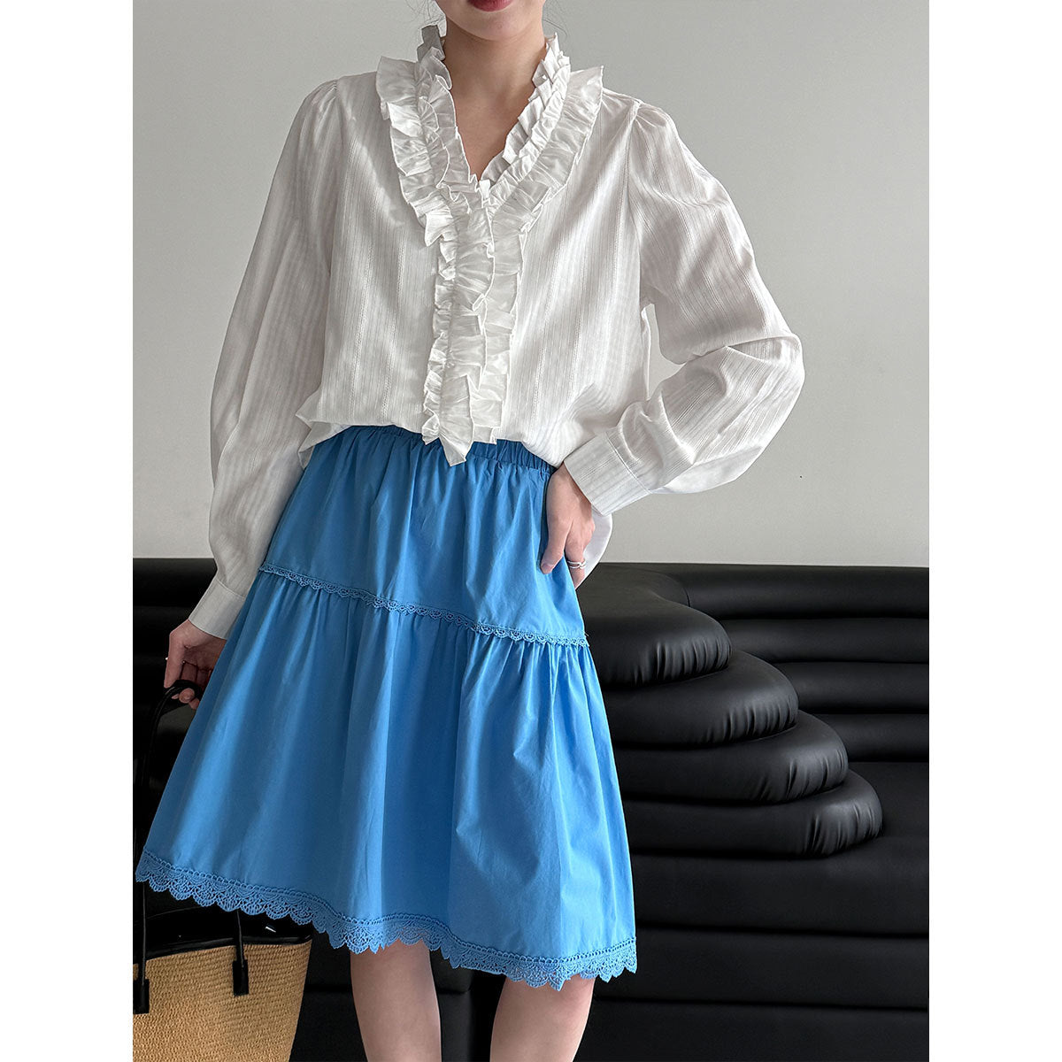 High waist A word thin Korean lace splicing skirt women's 26 early spring new gentle and versatile skirt