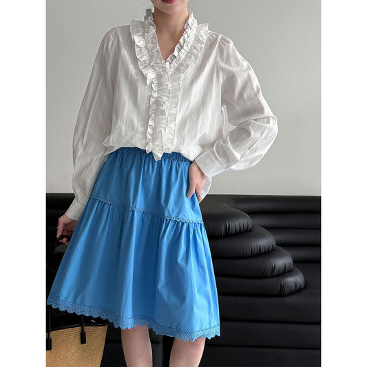 High waist A word thin Korean lace splicing skirt women's 26 early spring new gentle and versatile skirt