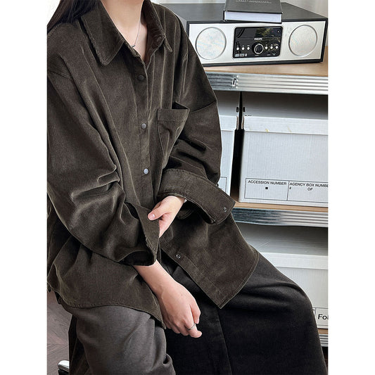 Korean lapel corduroy shirt top women's autumn new retro loose lazy coat