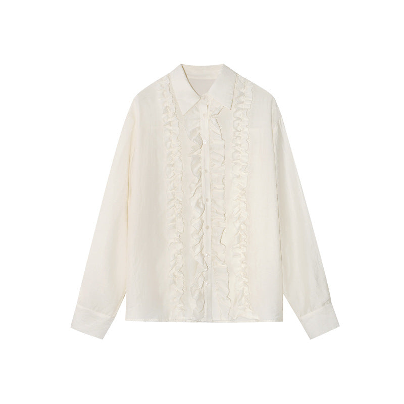 Korean Sheer Splice Ruffle Polo Shirt – Long Sleeve Loose Blouse