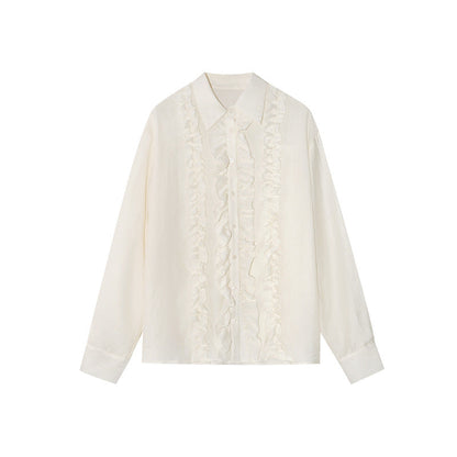 Korean Sheer Splice Ruffle Polo Shirt – Long Sleeve Loose Blouse