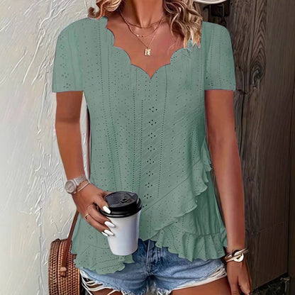 V-Neck Short Sleeve T-Shirt Women Oversized Hooded Scallop Hem Top