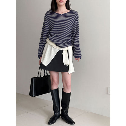 Casual wool retro striped lazy soft waxy knitted sweater women's spring new long-sleeved top