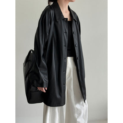 Korean retro high-end black medium and long leather jacket women's autumn new soft waxy leather