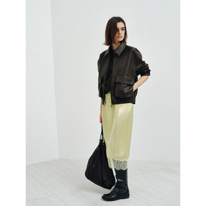 Spring new double-layer large pocket silhouette vintage workwear PU leather jacket jacket
