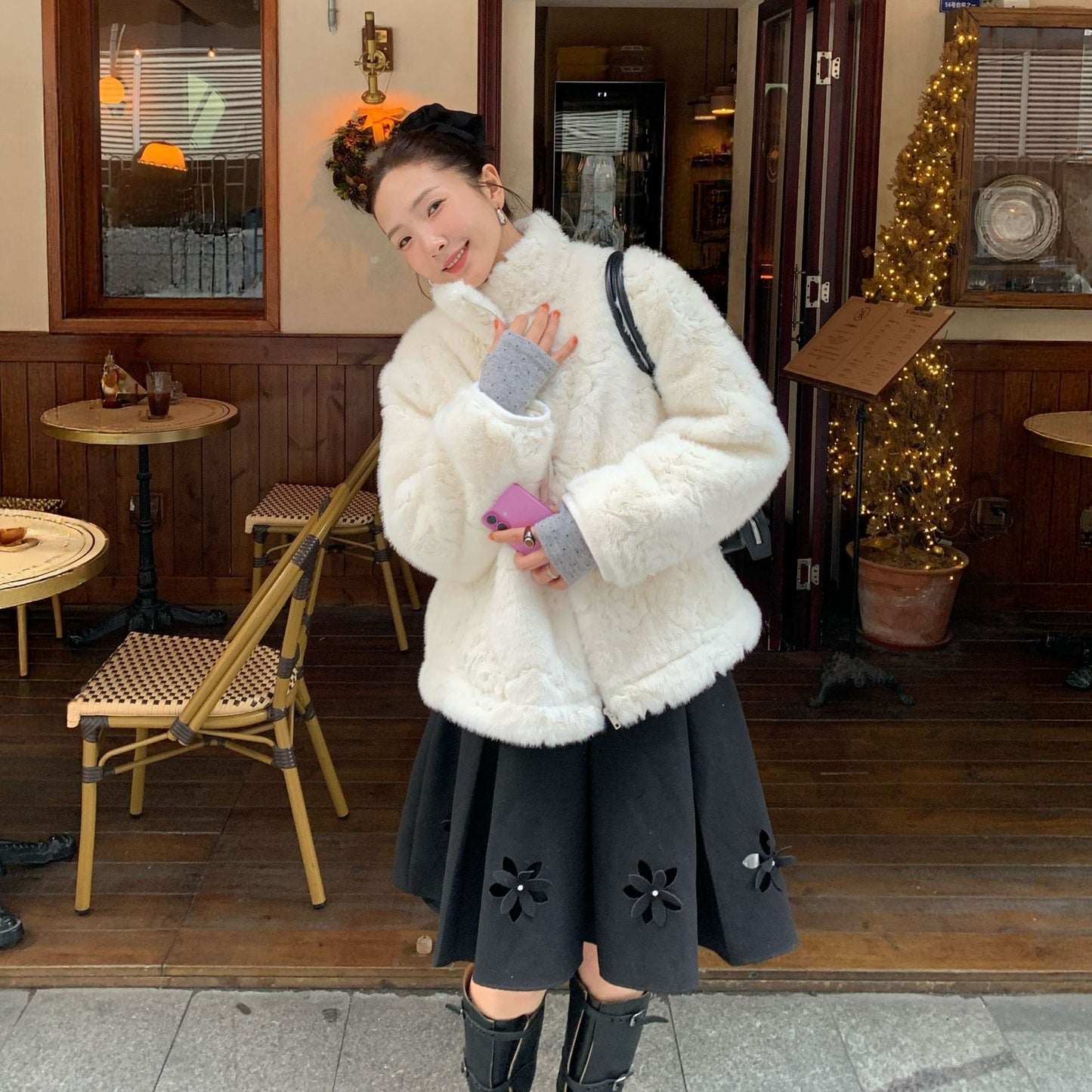 Fur integrated thermal stand-up collar plush short jacket