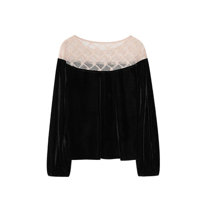Women's Contrast Color Velvet Crew Neck Long Sleeve Pullover Top
