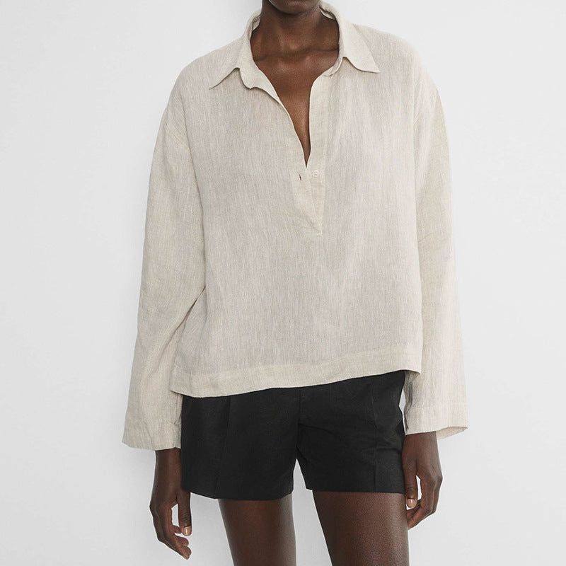 Linen Long Sleeve Polo Collar Shirt