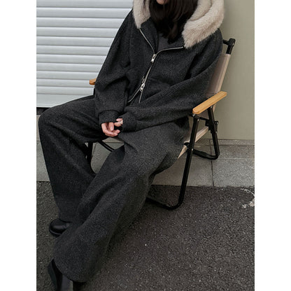 Slack, lazy, fur-collared sweatshirt, jacket, scimitar, wide-leg pants, women's winter wool fleece casual suit 2153