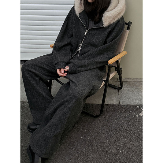 Slack, lazy, fur-collared sweatshirt, jacket, scimitar, wide-leg pants, women's winter wool fleece casual suit 2153