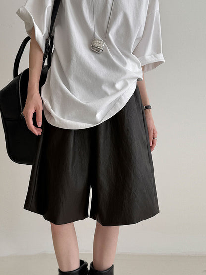 Textured casual loose five-point sports leather shorts women's autumn new thin high-waisted wide-leg shorts 3730