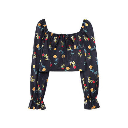 Fashion Slim Flared Sleeve Floral Short Top